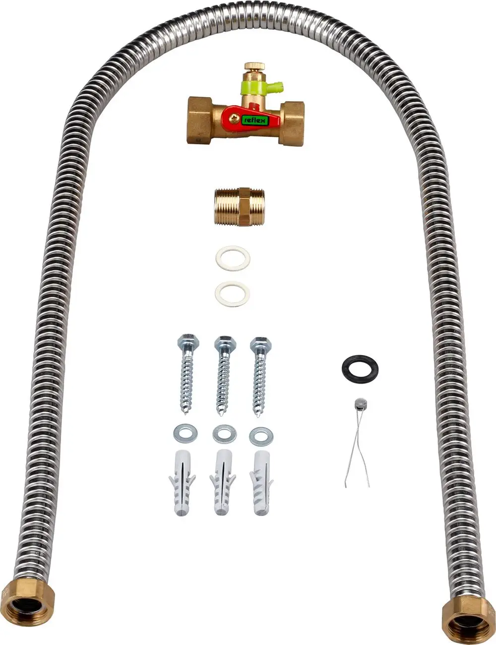 Installationszubehör für Heizungsanlagen von Bosch, bestehend aus einer flexiblen Metallleitung, einem Absperrventil, Verbindungselementen und Befestigungsmaterial.